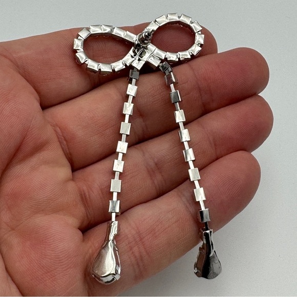 Rhinestone Bow Statement Earrings Silver Crystal Teardrop Dangle - Picture 3 of 4